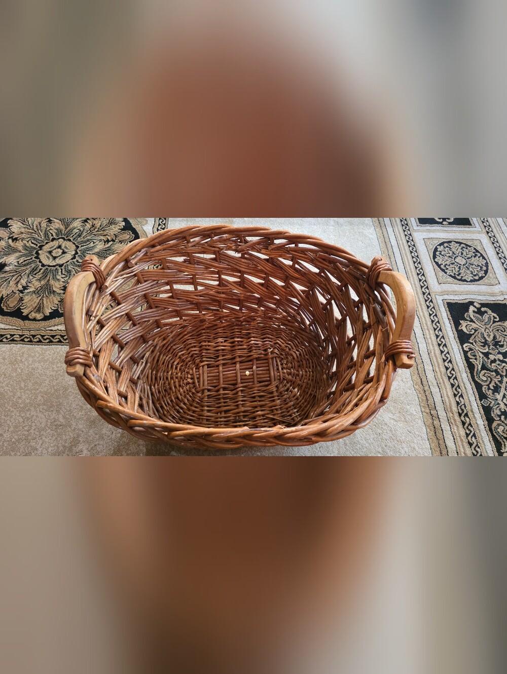 Large Woven Wicker Basket Wooden Handles Rustic Farmhouse Storage Decor